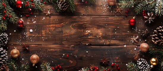 Merry Christmas and Happy Holidays greeting card banner frame New Year Happy New Year card featuring snow on a wooden background Winter holiday theme Flat lay copy space