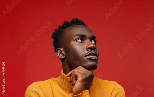 African man with a thoughtful gaze, isolated on red background, JPG Portrait image.