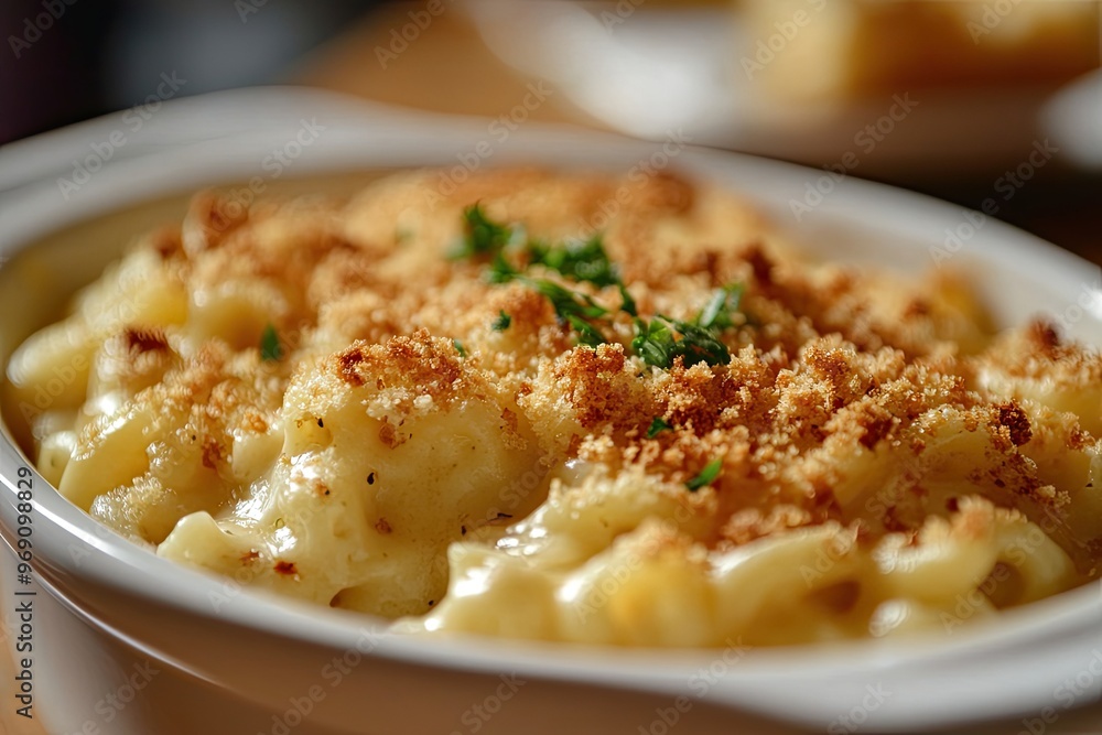 A close - up of creamy mac and cheese with crispy breadcrumbs topping, served in a white ceramic dish A close - up of creamy mac and cheese with crispy breadcrumbs topping, served in a white ceramic dish