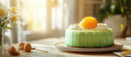 Pandan Cake topped with gol...