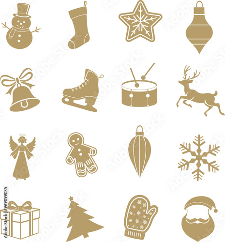 Gold Christmas elements set icons design. Christmas collection of bells, santa, deer, angel, nutcracker, cookies, showman, snowstar, drums, mitten, candy, sock, tree. Flat design