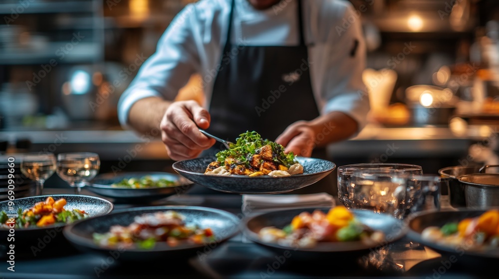 Chef plating gourmet food. Chef plating gourmet food.