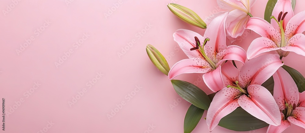 Fototapeta premium Flower arrangement Lily flowers against a pastel pink background Flat lay top view copyspace