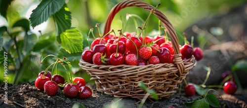 Strawberries and cherries in a basket set against a natural backdrop Fresh organic summer berries. with copy space image. Place for adding text or design