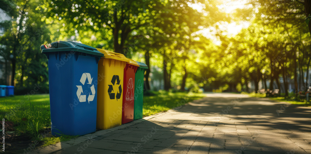 Colorful recycling bins with green, blue and yellow signs in the park near bench on sunny day. Nature concept for ecology protection. Colorful recycling bins with green, blue and yellow signs in the park near bench on sunny day. Nature concept for ecology protection.