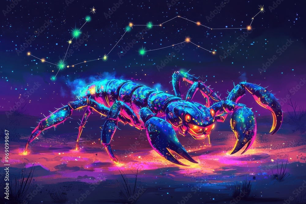 Neon lit cosmic lobster constellation in starry night sky Neon lit cosmic lobster constellation in starry night sky