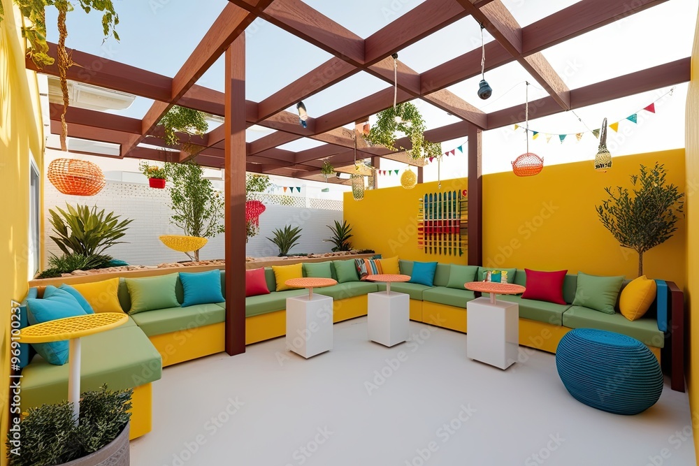 Fototapeta premium 3D Cheerful Patio Design with Creative Ambiance Interactive Materials and Clean White Surface