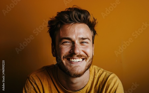 Charismatic American Man Isolated on Dark Goldenrod Background, JPG Portrait image.