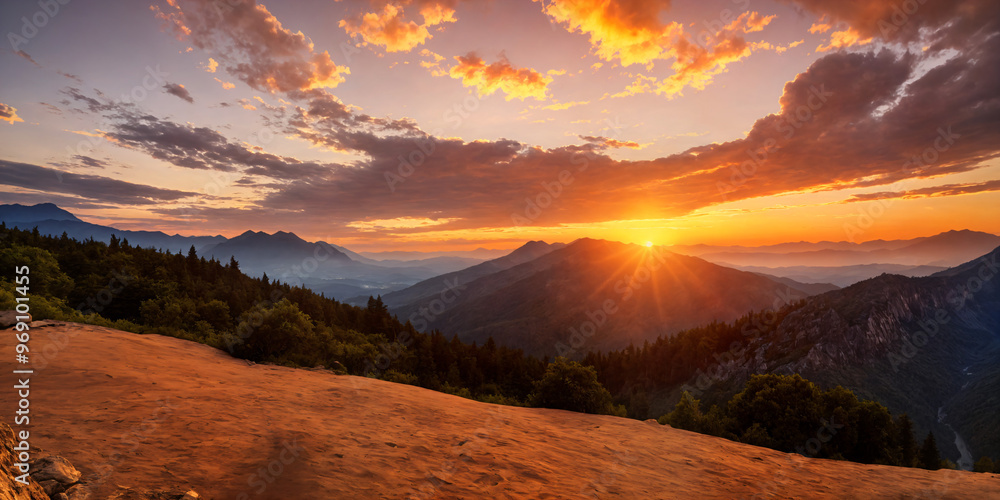 Fototapeta premium Golden hour over a mountain landscape at sunset, with calm orange skies and tranquil light creating a peaceful atmosphere perfect for capturing the serene beauty of summer’s relaxing mood