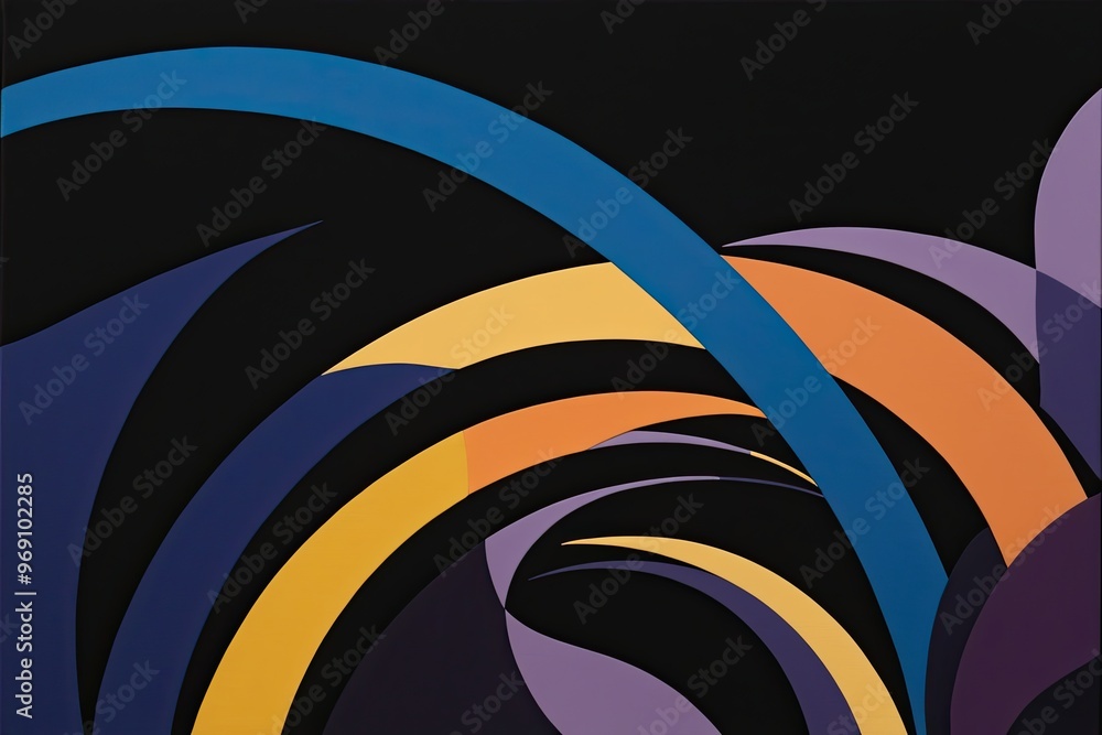 Captivating Abstract Artwork with Flowing Arcs in Indigo Citrus and Amethyst on Black Canvas Captivating Abstract Artwork with Flowing Arcs in Indigo Citrus and Amethyst on Black Canvas