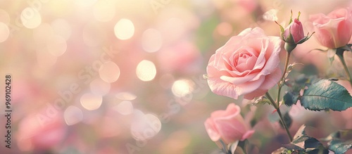 Close up of pink roses with a soft blur bokeh texture in vintage pastel colors for a background Copy space