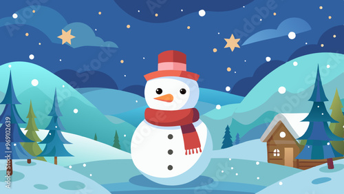 Cheerful snowman wearing a hat and scarf in a snowy winter landscape with a cozy cabin