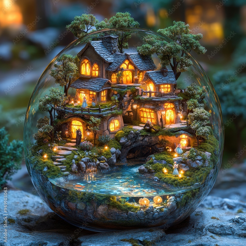 Enchanted Village in Glass Sphere: Whimsical Miniature Scene with Lush Greenery and Fairy Lights Enchanted Village in Glass Sphere: Whimsical Miniature Scene with Lush Greenery and Fairy Lights