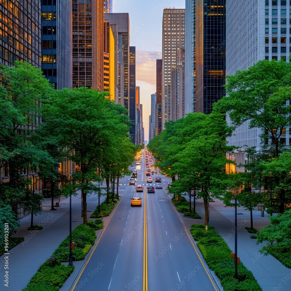 Urban Tranquility at Twilight: A City Street Scene at Dusk Urban Tranquility at Twilight: A City Street Scene at Dusk