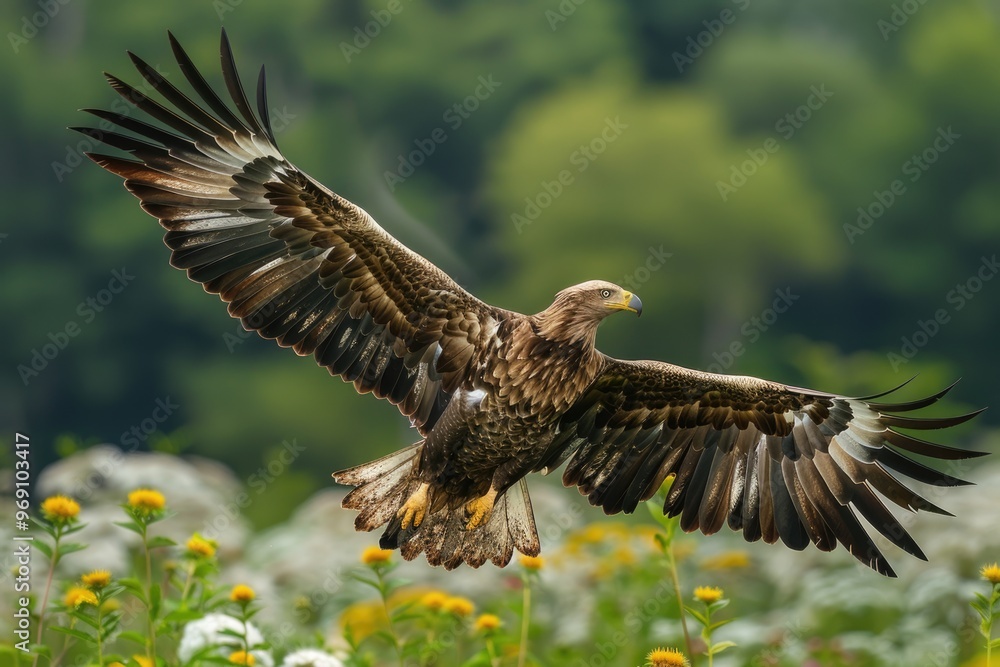 Fototapeta premium Majestic Eagle in Flight Over Lush Greenery and Wildflowers