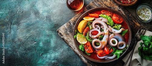 Wallpaper Mural Squid with tomato sauce seafood salad a meal and an aperitif snack on the table with copyspace for food set against a rustic background from a top view Torontodigital.ca