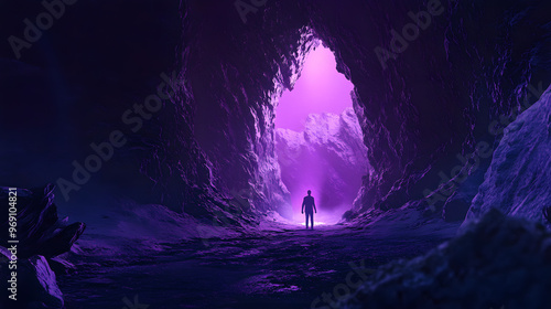 a man standing in front of a cave entrance with purple light inside