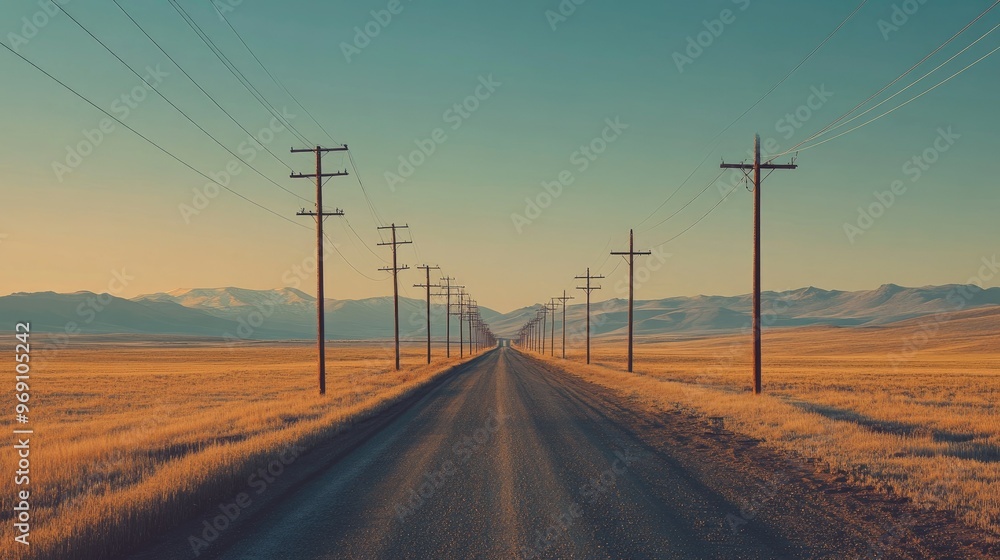 A long rural road lined with tall electric poles stretching into the horizon. A long rural road lined with tall electric poles stretching into the horizon.