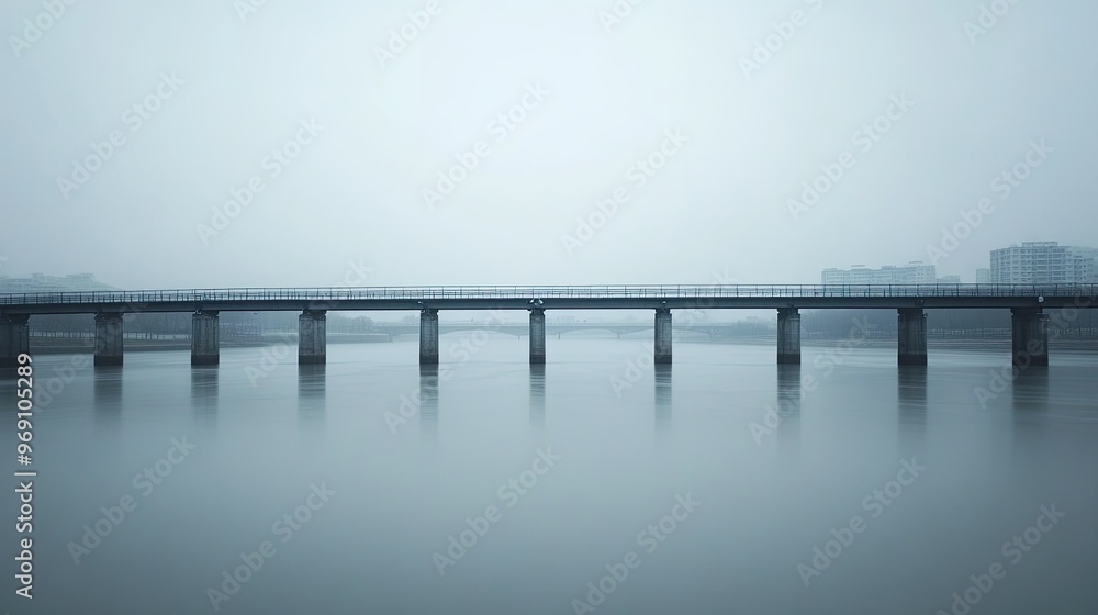 Obraz premium A minimalist steel bridge stretching across a calm river, with a cityscape in the distance.