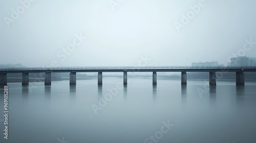 Wallpaper Mural A minimalist steel bridge stretching across a calm river, with a cityscape in the distance. Torontodigital.ca