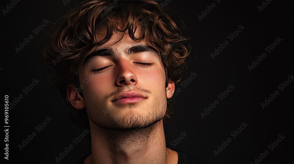 A serene portrait of a young man with curly hair, eyes closed, conveying peace and tranquility against a dark backdrop. A serene portrait of a young man with curly hair, eyes closed, conveying peace and tranquility against a dark backdrop.