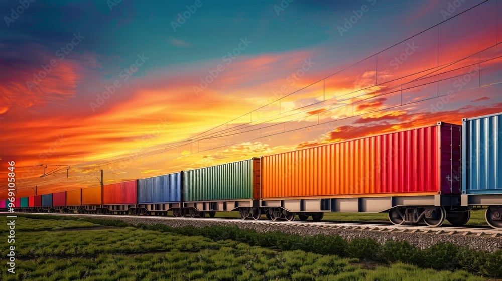 Fototapeta premium Cargo Train Sunset Shipping Containers Transportation Logistics