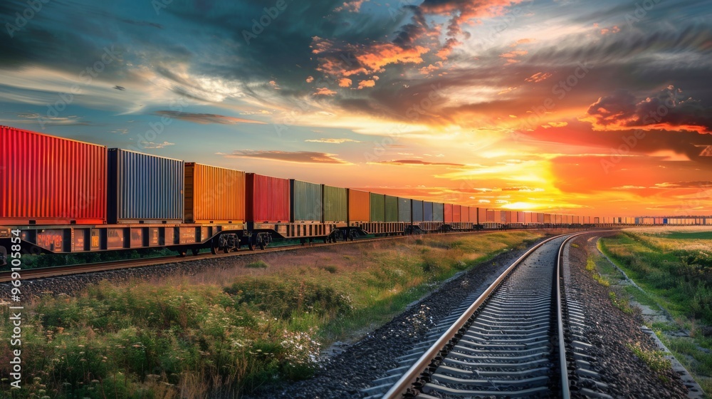 Fototapeta premium Freight Train Sunset Landscape with Colorful Cargo Containers