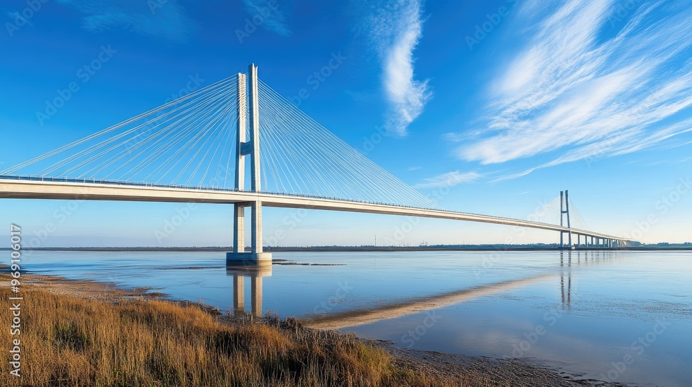 A modern suspension bridge stretching across a wide river delta under a bright blue sky. A modern suspension bridge stretching across a wide river delta under a bright blue sky.