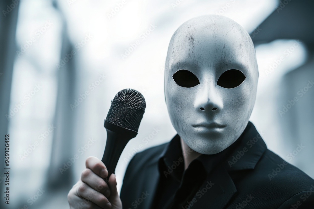 Mysterious figure wearing a white mask holding a microphone ...