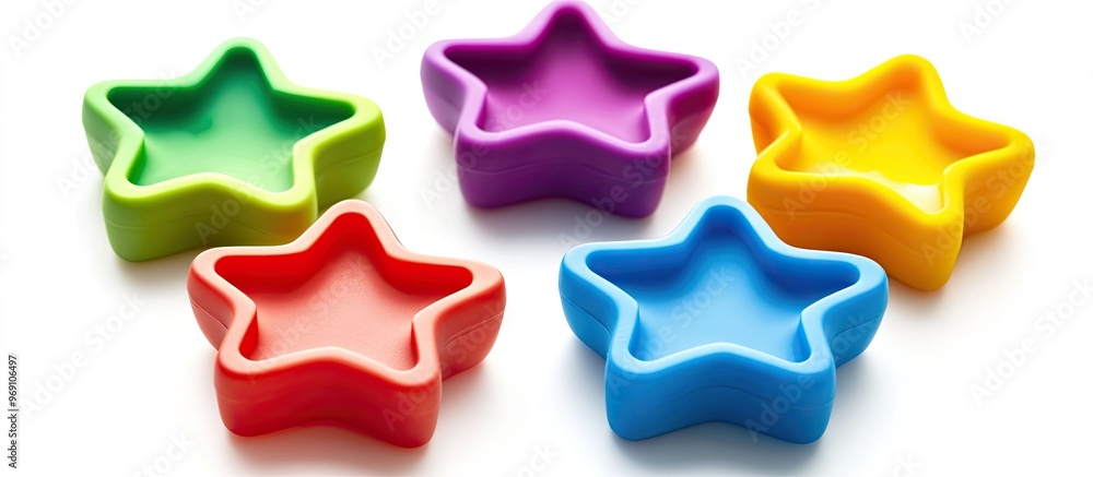 plastic cooking mold shaped like five colorful stars isolated on a white background. with copy space image. Place for adding text or design plastic cooking mold shaped like five colorful stars isolated on a white background. with copy space image. Place for adding text or design