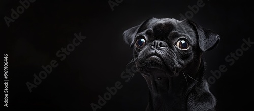 Charming black pug set against a black background Studio pet portrait. with copy space image. Place for adding text or design