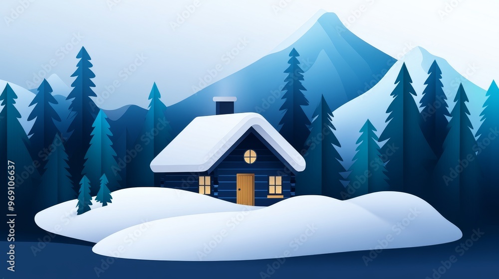 A cozy cabin surrounded by snow-covered trees and mountains, perfect for winter landscapes and holiday themes.