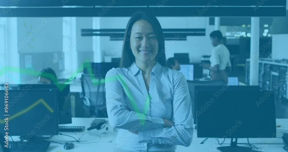 Animation of financial data processing over portrait of asian businesswoman