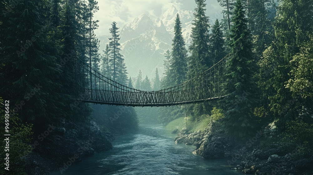 Fototapeta premium A picturesque suspension bridge swaying over a mountain river, surrounded by tall pine trees.
