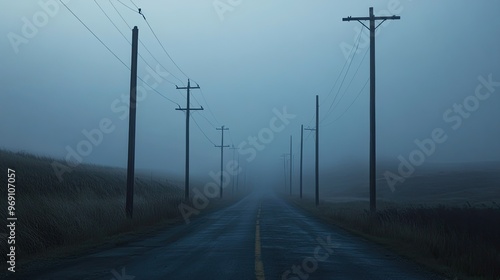 A quiet, foggy road with a series of electric poles disappearing into the mist.