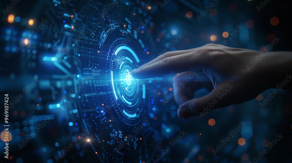 Hand touching virtual screen with shield and binary code on dark blue background