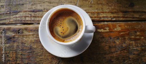 A top view of a cup of espresso on a background of coffee beans with a shallow depth of field. with copy space image. Place for adding text or design