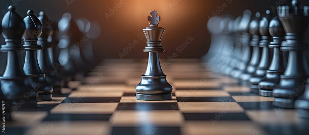 The chess king leads his troops on the board. with copy space image. Place for adding text or design The chess king leads his troops on the board. with copy space image. Place for adding text or design