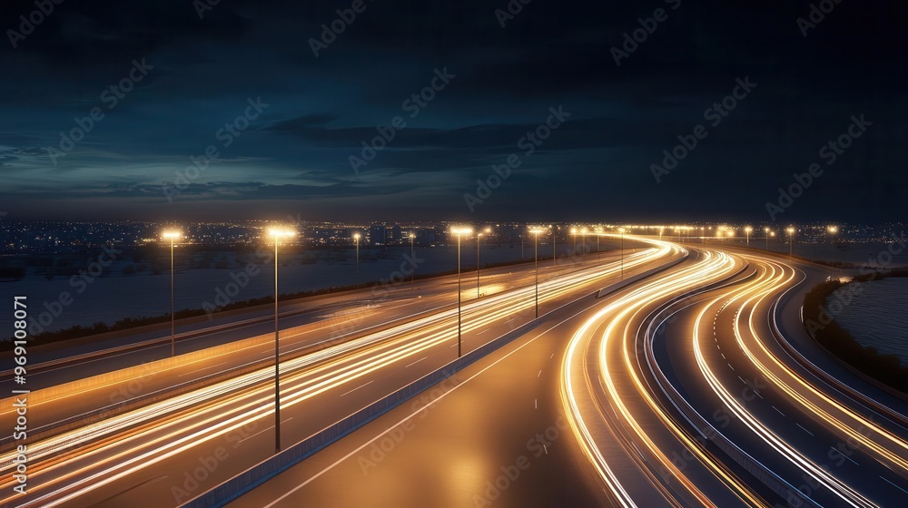Wide-angle night view of an illuminated highway Wide-angle night view of an illuminated highway