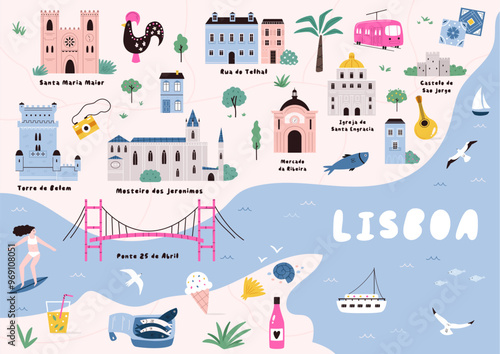 Hand-Drawn vector illustrated map of Lisbon with famous landmarks, symbols. Custom cute design for journals, posters, books, prints