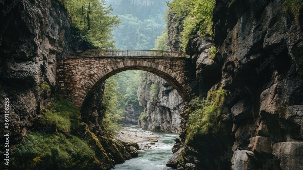A scenic bridge framed by dramatic cliffs on either side of a narrow river gorge. A scenic bridge framed by dramatic cliffs on either side of a narrow river gorge.