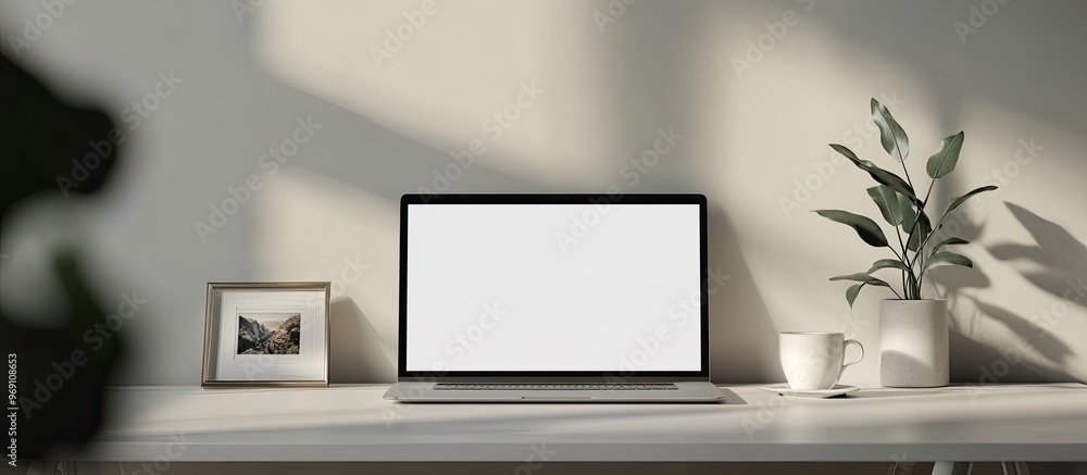 Obraz premium Mockup laptop with a blank screen a picture frame and a coffee cup on a white table. with copy space image. Place for adding text or design
