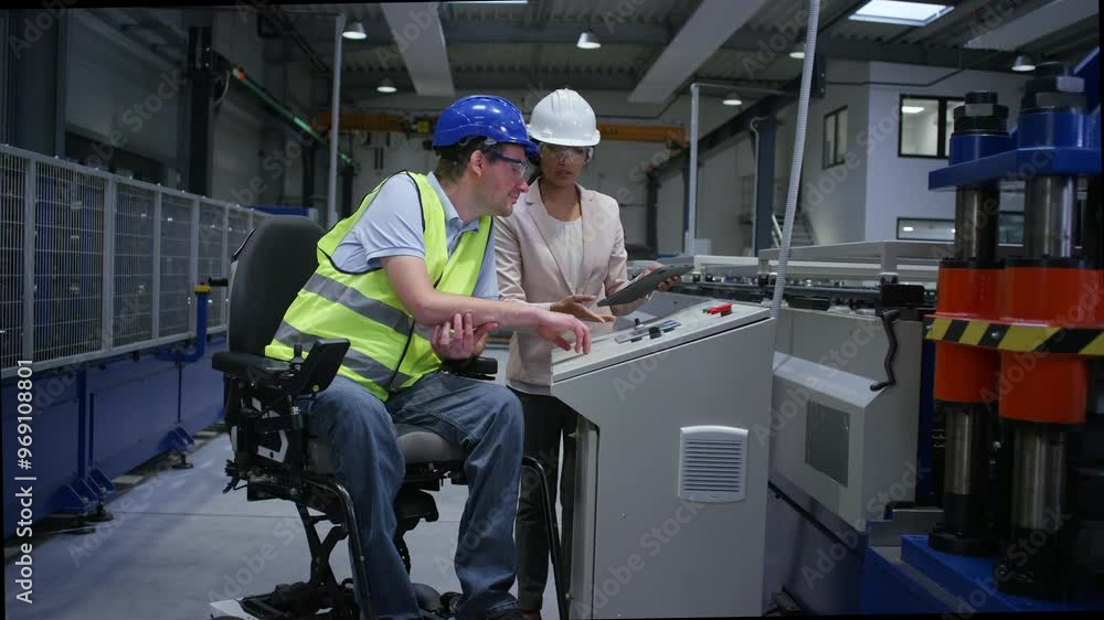 Indian female factory boss training male worker with a disability, in blue helmet and yellow vest, to work on manufacturing machinery, handheld shot. Indian female factory boss training male worker with a disability, in blue helmet and yellow vest, to work on manufacturing machinery, handheld shot.