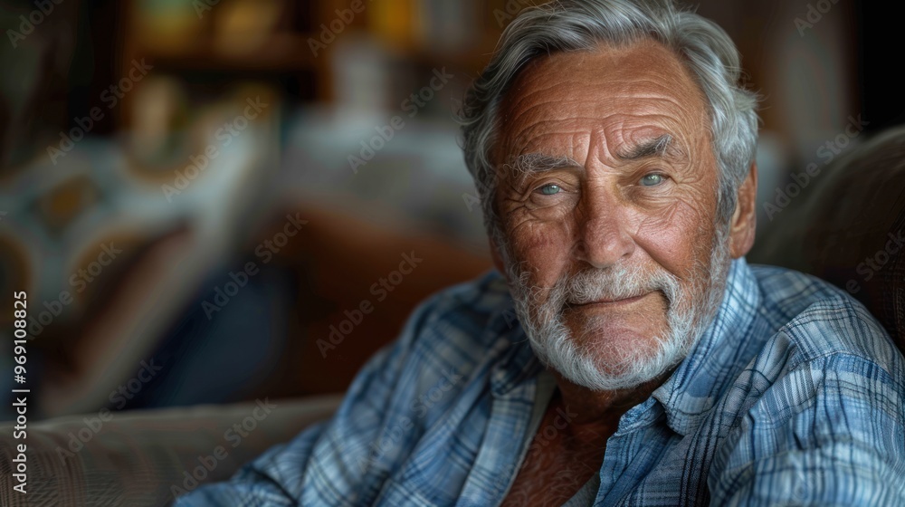 Warm smile of an elderly man in a cozy living room, reflecting a lifetime of stories and cherished memories. Generative AI Warm smile of an elderly man in a cozy living room, reflecting a lifetime of stories and cherished memories. Generative AI