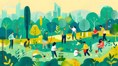 Diverse group of people planting trees in an urban park, promoting sustainability, community, and environmental awareness. Concept of volunteering, teamwork, and green living
