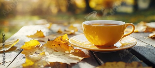 Yellow leaves beside a cup ...