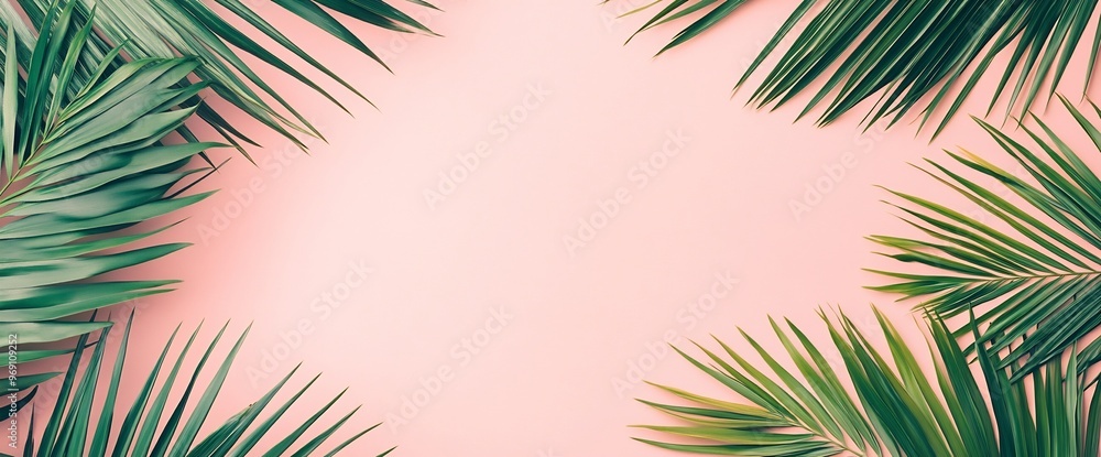Flat lay of tropical palm leaves on a pink background Flat lay of tropical palm leaves on a pink background
