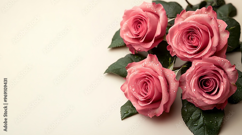 Elegant pink roses arranged on one side with dewdrops, placed on a light pastel background with ample space for clean and simple designs. Elegant pink roses arranged on one side with dewdrops, placed on a light pastel background with ample space for clean and simple designs.
