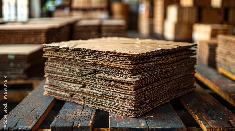 Stacks of weathered cardboard sheets in a bustling recycling warehouse during daylight hours. Generative AI Stacks of weathered cardboard sheets in a bustling recycling warehouse during daylight hours. Generative AI