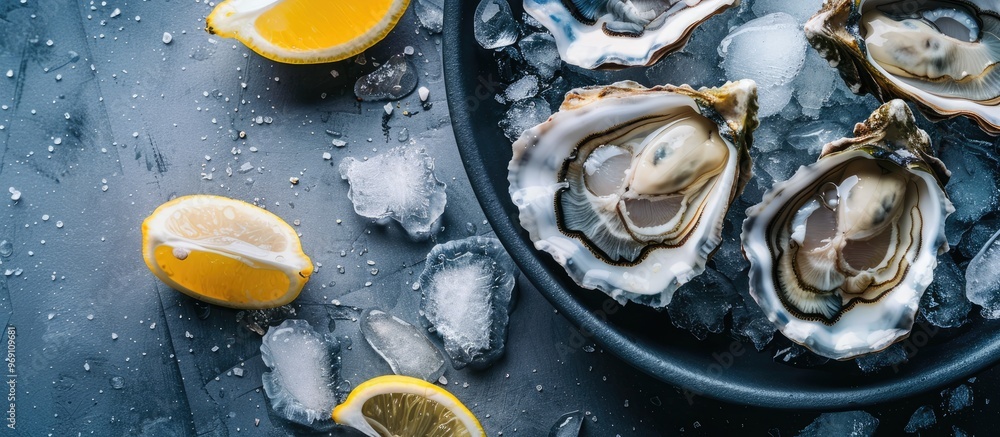 Showcase featuring oysters and lemon on ice Close up of oyster shells. with copy space image. Place for adding text or design Showcase featuring oysters and lemon on ice Close up of oyster shells. with copy space image. Place for adding text or design